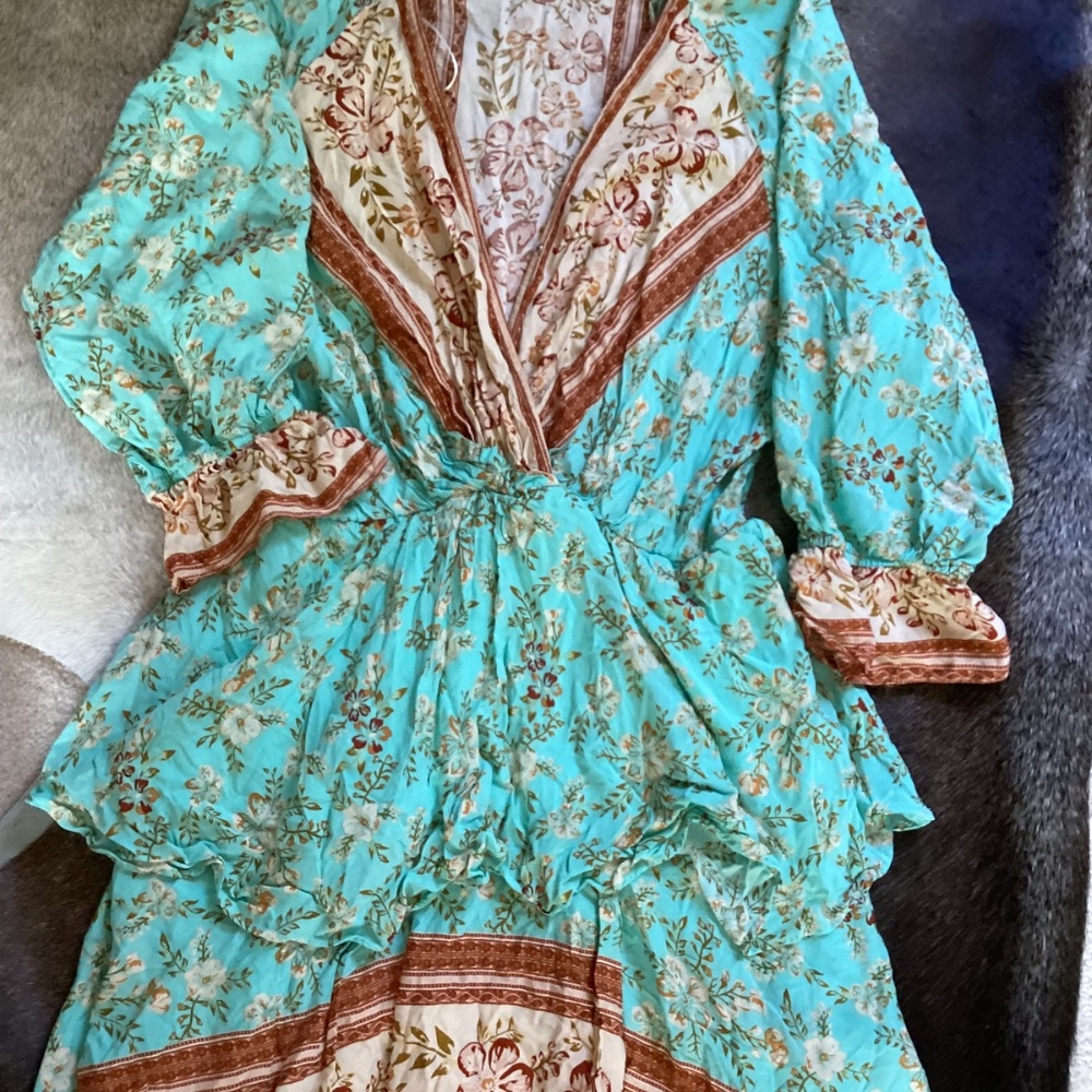Umgee Soft Cotton Double Tier Floral Print Ruffle Sleeve Dress - Picture 5 of 7